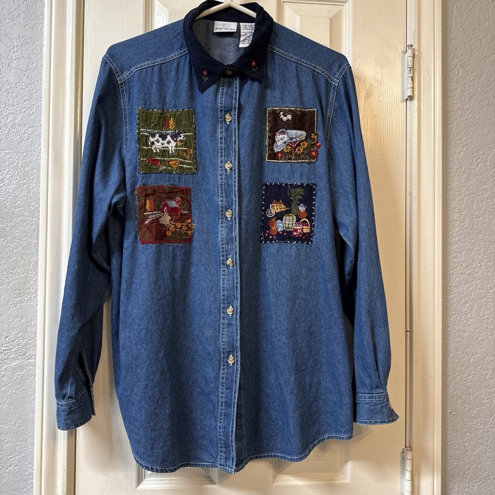 Vtg Bobbie Brooks Denim Folk Art Shirt L Embroidered Patchwork Cottagecore